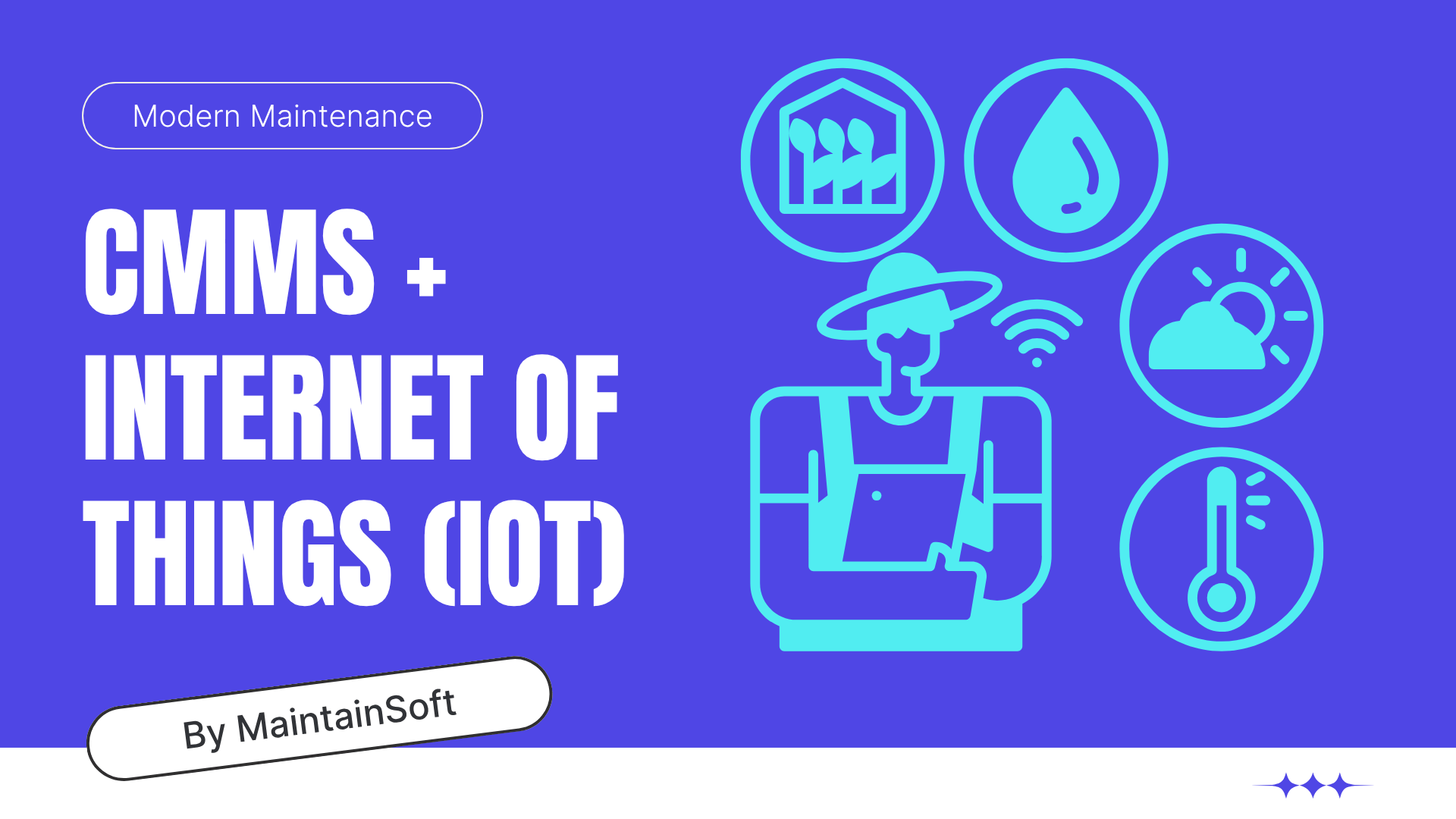 A vibrant graphic with a purple background featuring the text “CMMS + Internet of Things (IoT)” in bold white letters. Above the text, there’s a label that says “Modern Maintenance.” On the right side, there are blue icons representing smart farming: a farmer holding a tablet with a wireless signal, and circular icons showing a farm, a water droplet, weather, and a thermometer. At the bottom, a rounded white box reads “By MaintainSoft.”