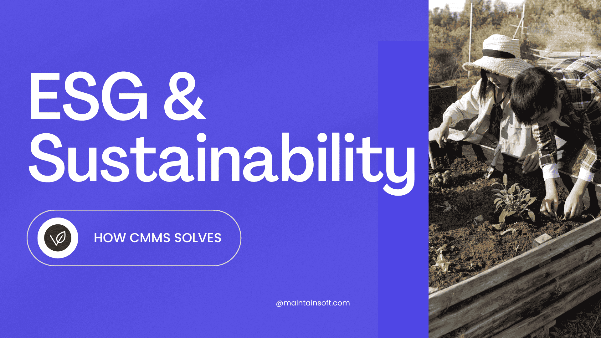 A presentation slide with the title "ESG & Sustainability" in large white text on a purple background. Below the title is a circular icon with a leaf inside and the text "HOW CMMS SOLVES." On the right, there is a photo of two people in sun hats tending to a raised garden bed, planting seedlings, symbolizing environmental and sustainability efforts. The email "@maintainsoft.com" is at the bottom.