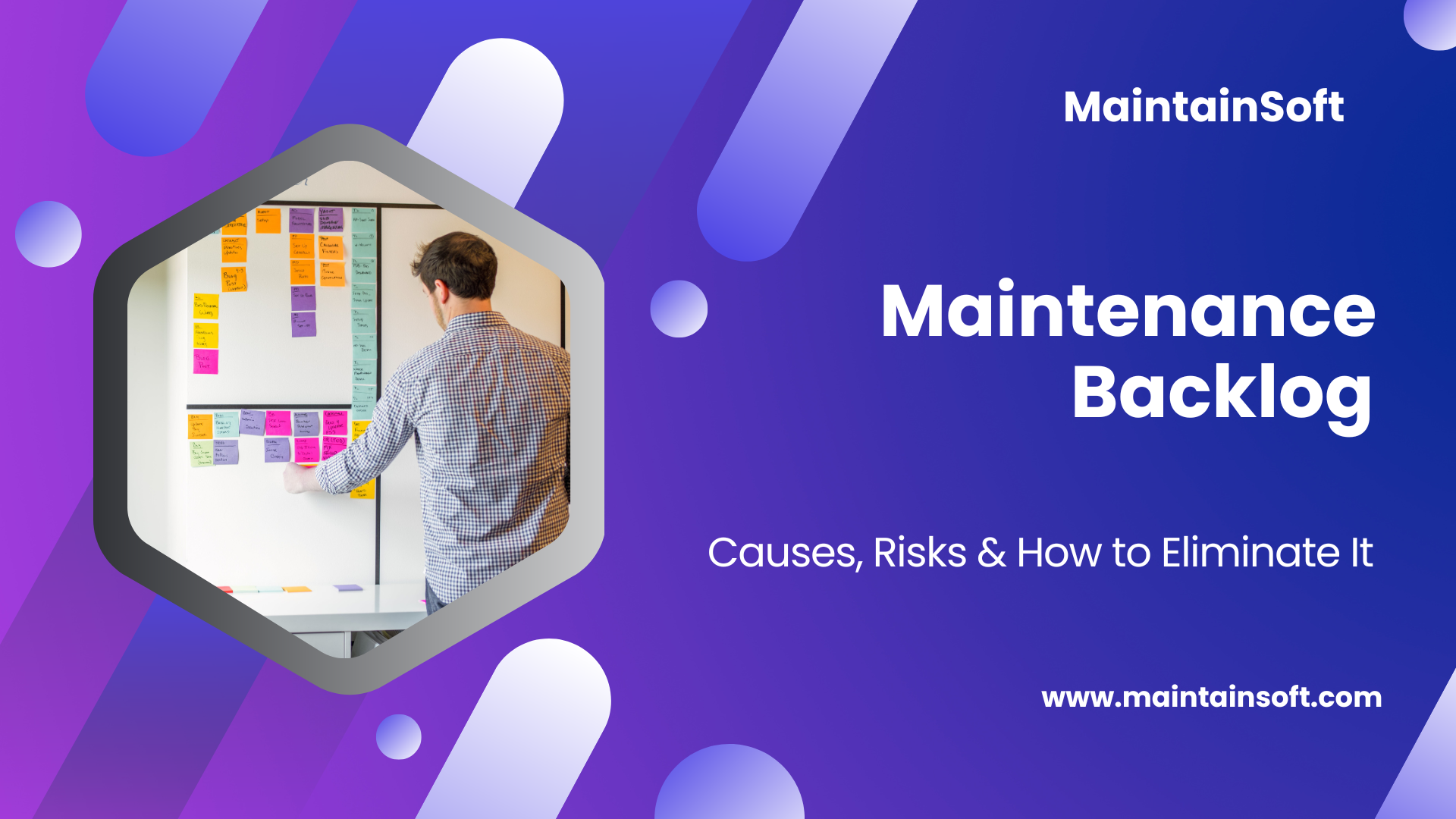 A modern blog poster with a purple and blue gradient background, featuring the title “Maintenance Backlog” in large white text. The subtitle reads “Causes, Risks & How to Eliminate It.” On the left, there is a hexagonal photo of a man placing colorful sticky notes on a whiteboard, representing task planning or backlog management. The top right includes the brand name "MaintainSoft," and the website address "www.maintainsoft.com" is at the bottom right. The design is accented with abstract circles and diagonal lines.