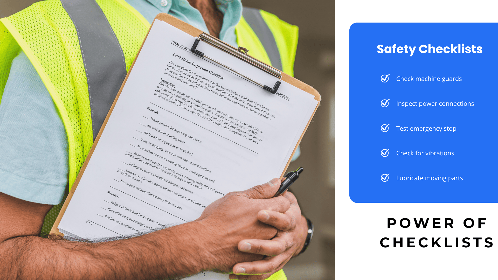 Person in safety vest holding a clipboard with a printed inspection checklist, alongside a digital graphic titled "Safety Checklists" listing key machine safety steps such as checking guards, inspecting power, and testing emergency stops, with the phrase "Power of Checklists" at the bottom.