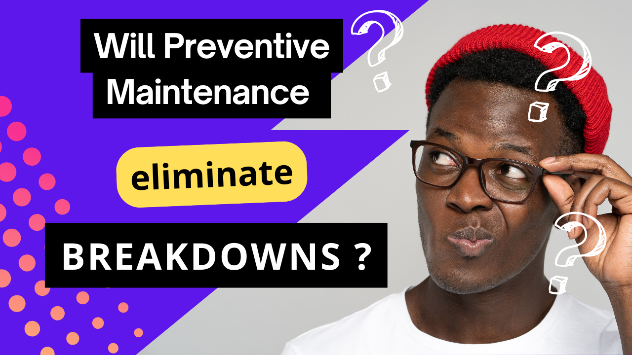 A curious-looking man wearing glasses and a red beanie stares upward, surrounded by question marks. The text on the image reads: "Will Preventive Maintenance eliminate BREAKDOWNS?" in bold fonts with a vibrant purple background and yellow highlight.
