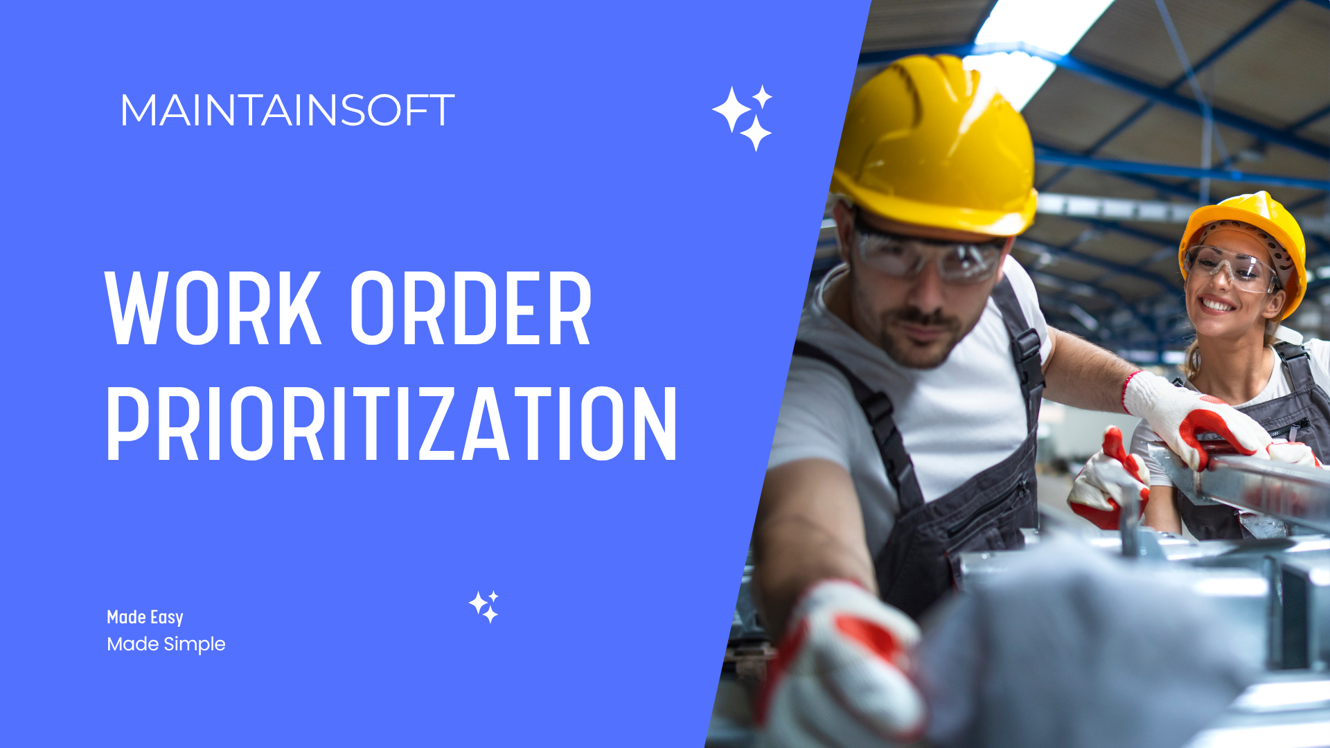 Two industrial workers wearing yellow hard hats and safety glasses collaborating in a factory, with the text 'Work Order Prioritization' and 'Maintainsoft' on a blue background.