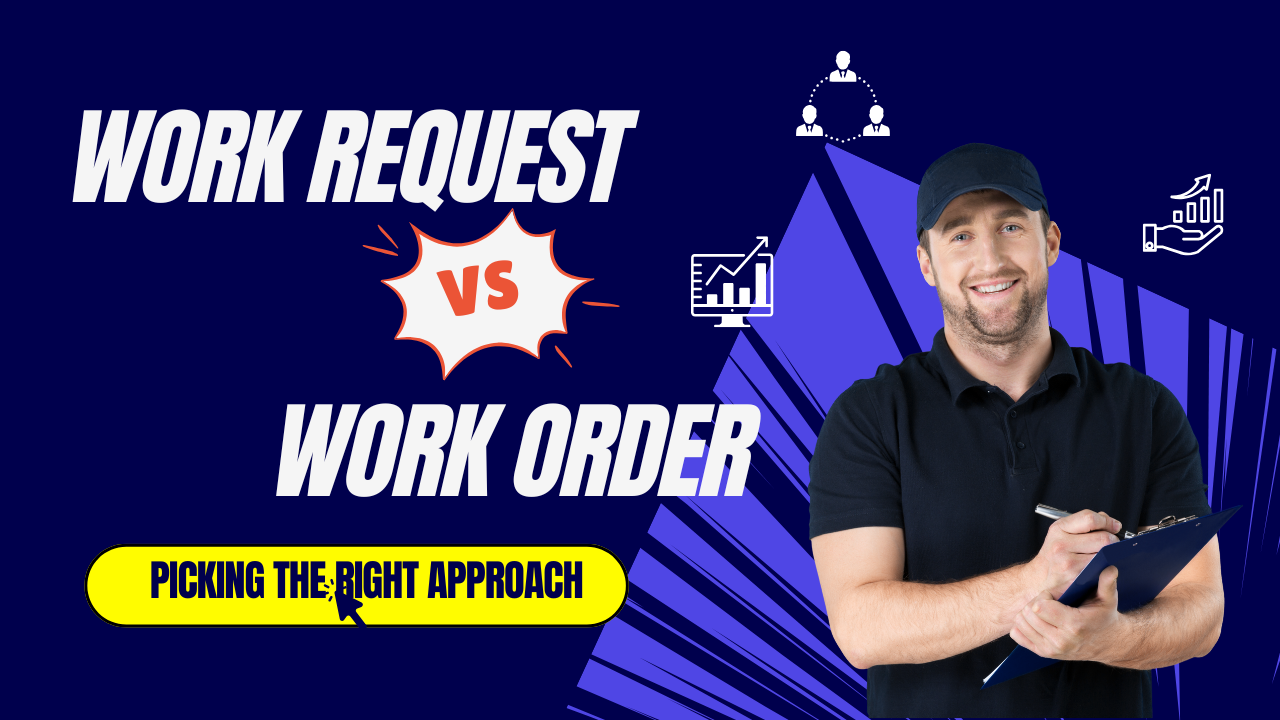 A smiling maintenance worker holding a clipboard stands on the right side of a dark blue background. Bold white text reads "Work Request vs Work Order" with a comic-style "VS" graphic in the center. Below, a yellow button with the text "Picking the Right Approach" is displayed. The background features abstract purple shapes and icons representing charts, team structures, and growth.